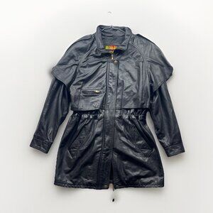 VTG 80's Dimitri Black Moto Leather Parka Field Coat Jacket Grunge Biker Sz S